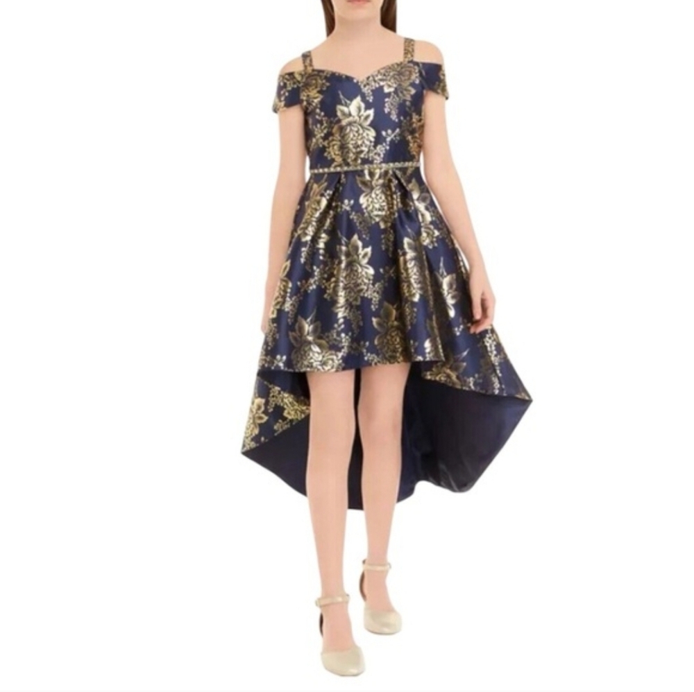 Rare Editions Navy Blue Gold Foil Floral Mikado Cold Shoulder Hi Lo Dress Girls